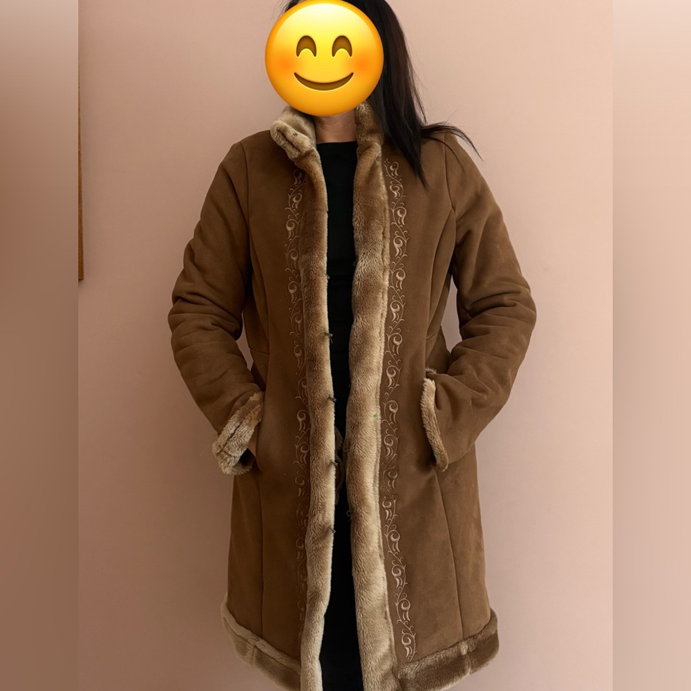 New York & Company Tan Teddy Jacket with Faux Fur Trim